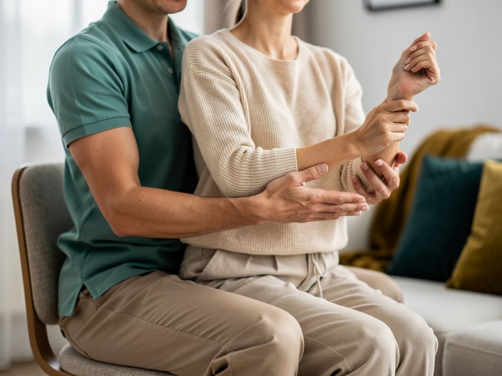 Guida professionale durante un esercizio da seduti in ambiente domestico